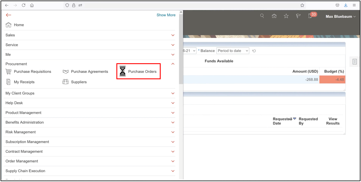 Oracle Fusion Tasks pane showing the Create Order option for purchase orders