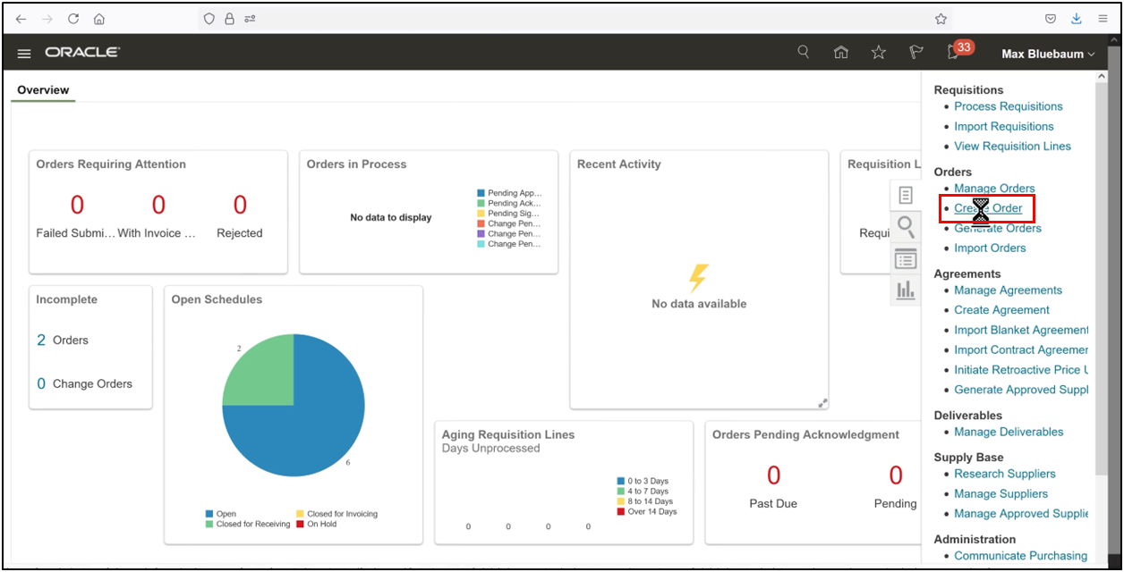 Oracle Fusion Purchase Orders screen with Create Order selected
