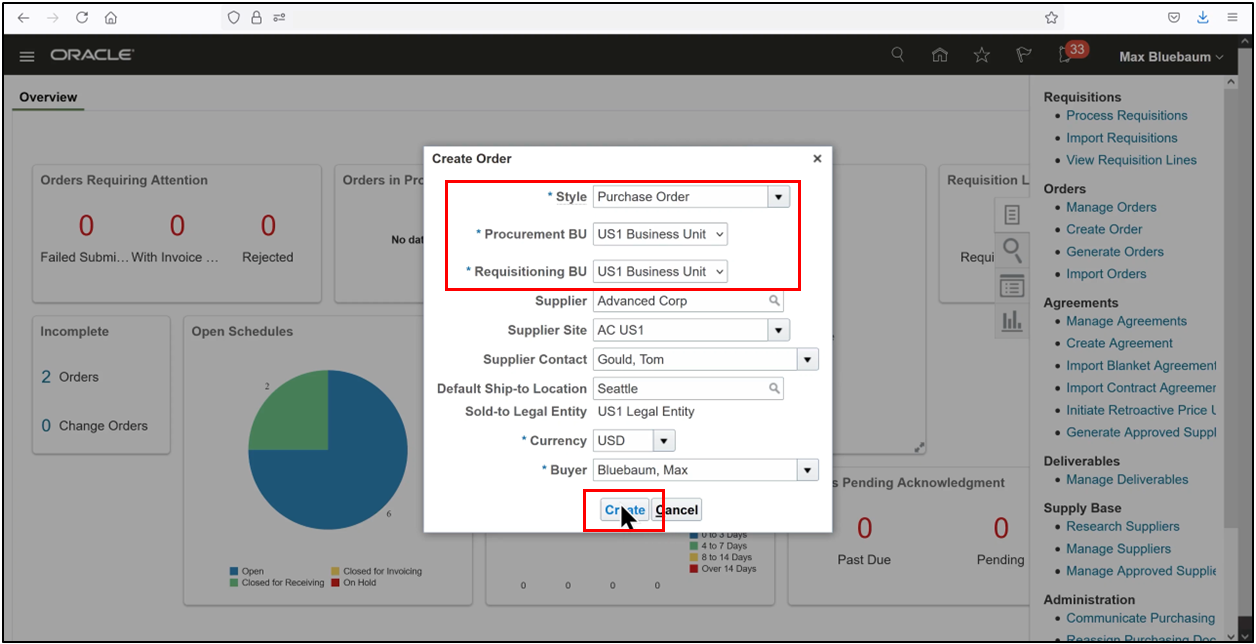 Oracle Fusion purchase order screen showing verified details before creating the order