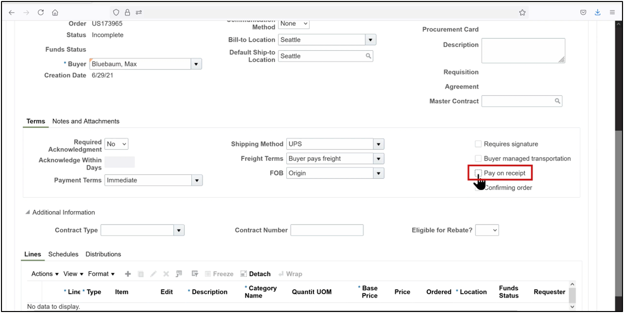 Oracle Fusion purchase order line details showing Pay on Receipt option disabled