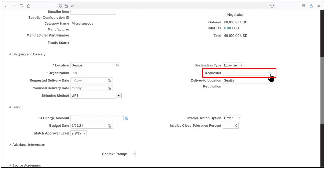 Oracle Fusion purchase order line showing requester name field