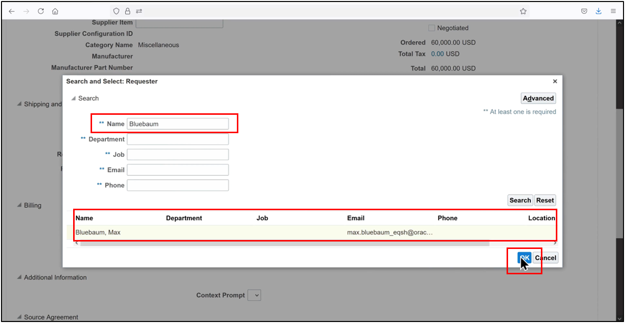 Oracle Fusion purchase order line showing OK button to save changes