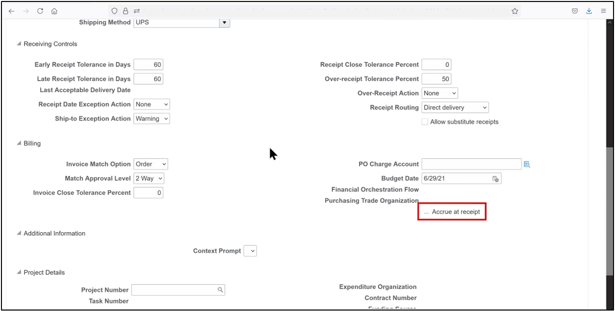 Oracle Fusion purchase order schedule showing Accrue at Receipt option disabled
