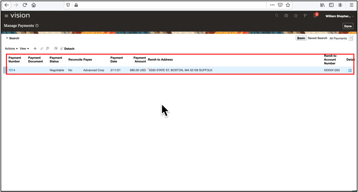 Manage Payments search results showing filtered payment records in Oracle Fusion