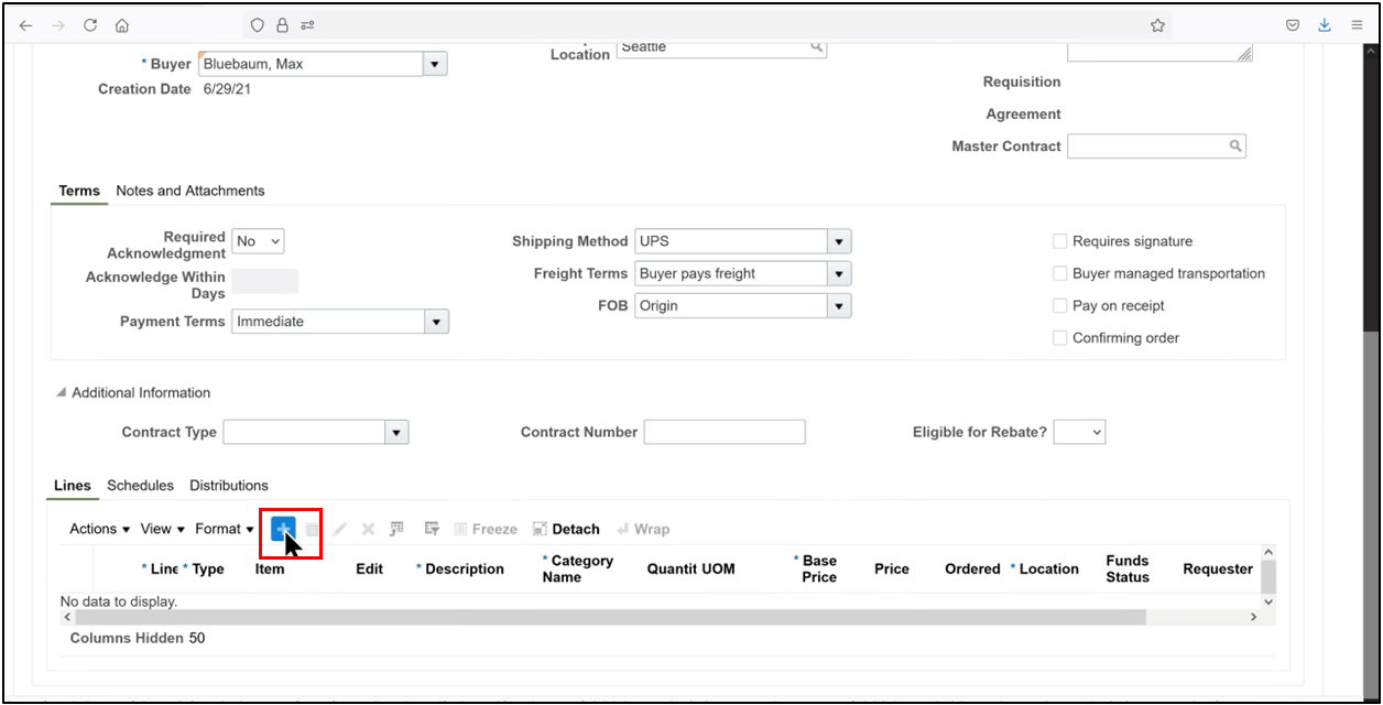 Oracle Fusion purchase order screen with plus icon used to add a PO line