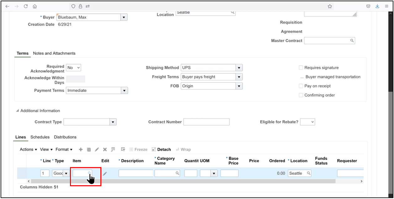 Oracle Fusion purchase order line showing line type and item selection using search icon