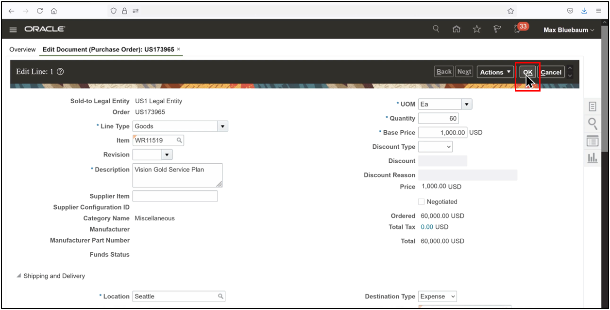 Oracle Fusion confirmation dialog showing OK button selected