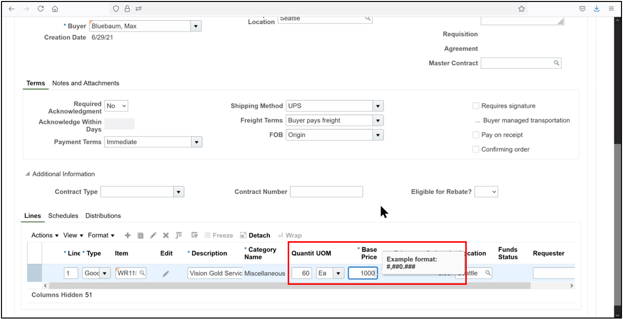 Oracle Fusion purchase order line showing quantity and base price fields