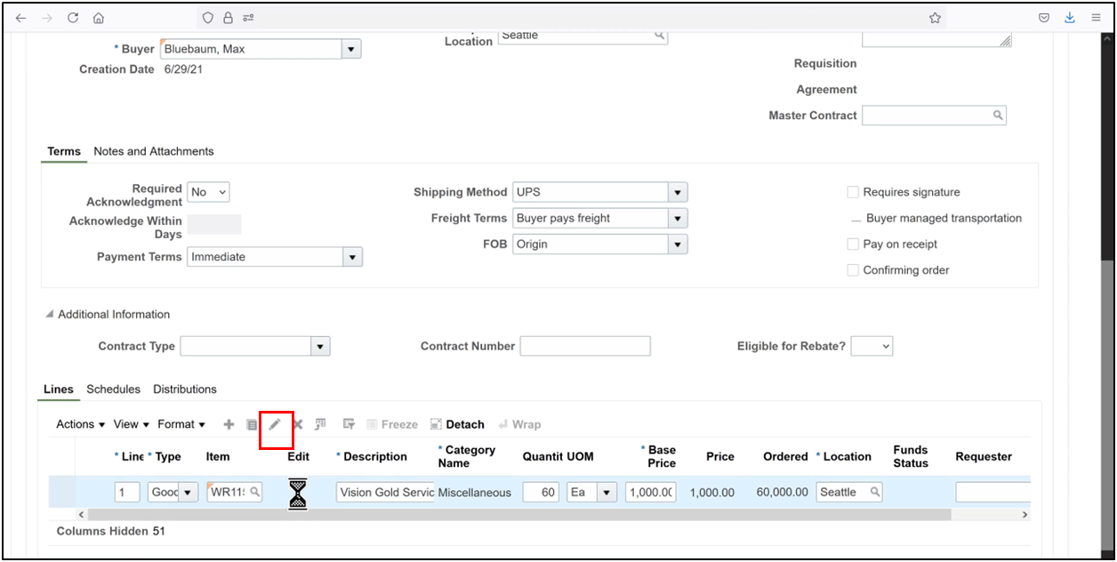 Oracle Fusion purchase order line showing the Edit icon for updating details