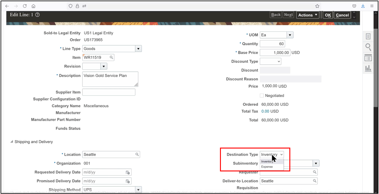 Oracle Fusion purchase order line showing Destination Type set to Expense