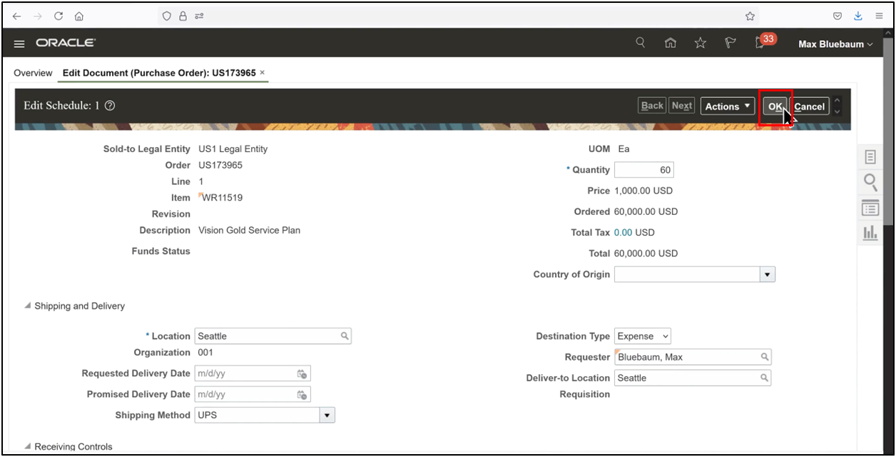Oracle Fusion expense purchase order showing accrual accounting behavior
