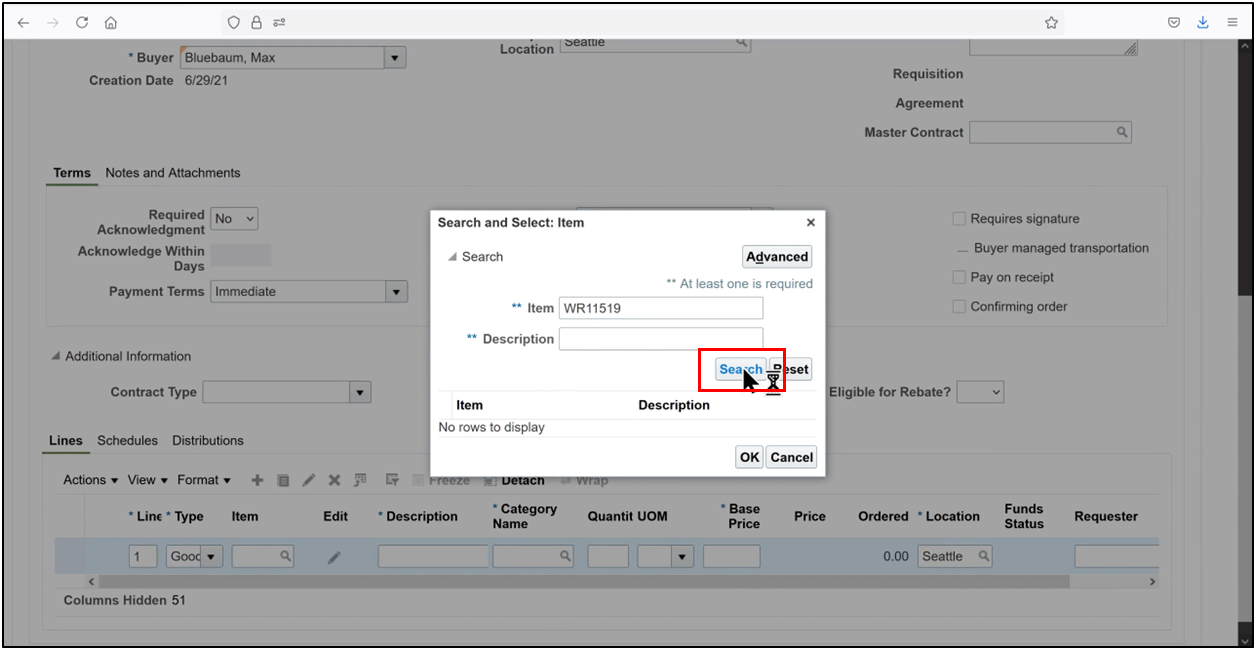 Oracle Fusion purchase order screen showing the Search option selected