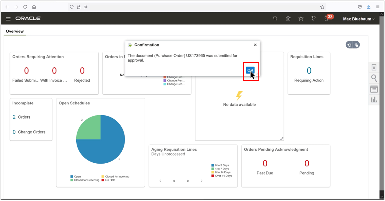 Oracle Fusion purchase order showing successful budgetary control check
