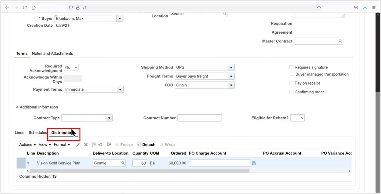 Oracle Fusion purchase order Distributions tab showing empty charge, accrual, and encumbrance accounts