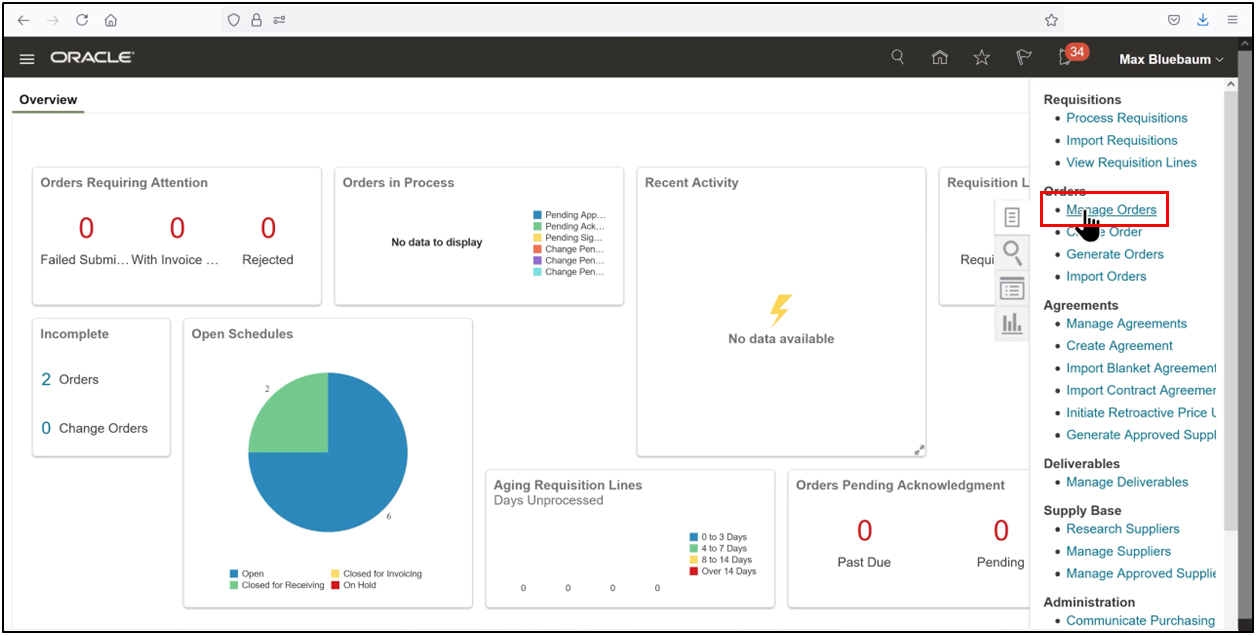 Oracle Fusion Tasks pane showing Manage Orders option