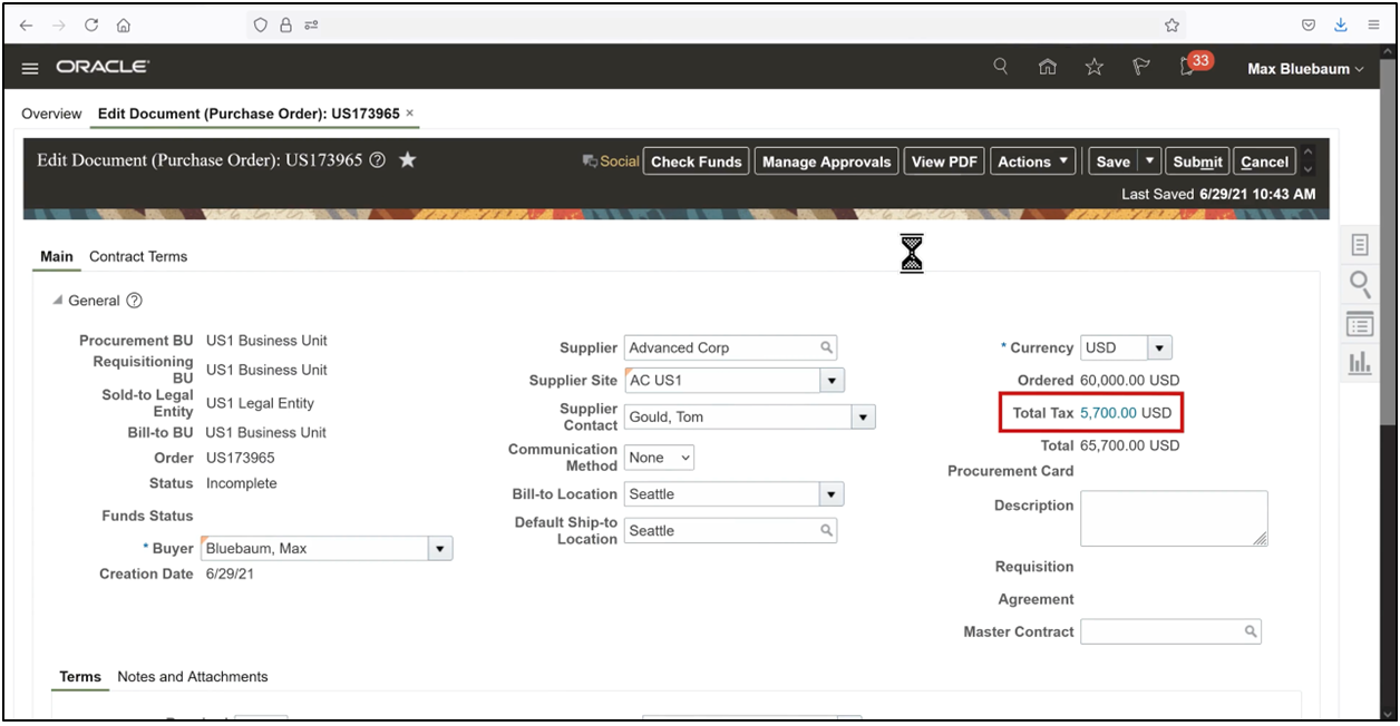 Oracle Fusion purchase order showing automatically calculated tax amount