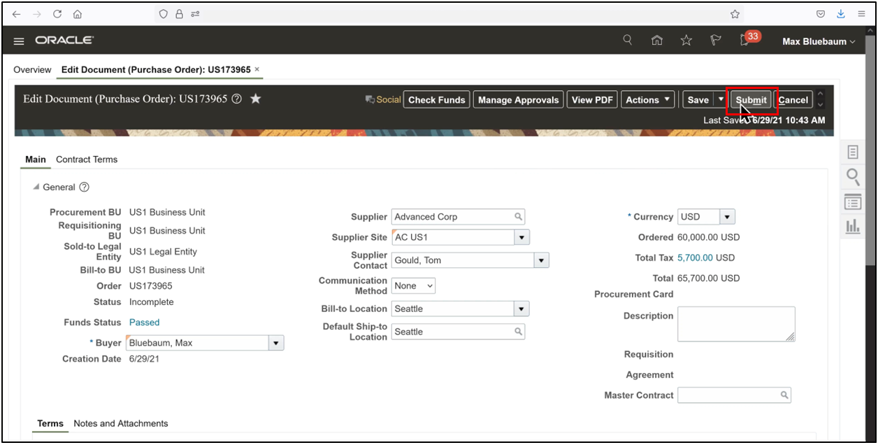 Oracle Fusion purchase order showing Submit button for approval