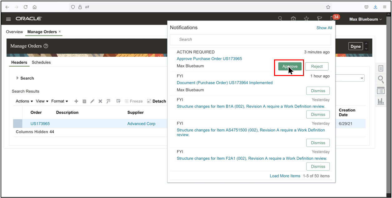 Oracle Fusion purchase order showing status changed to Open after approval