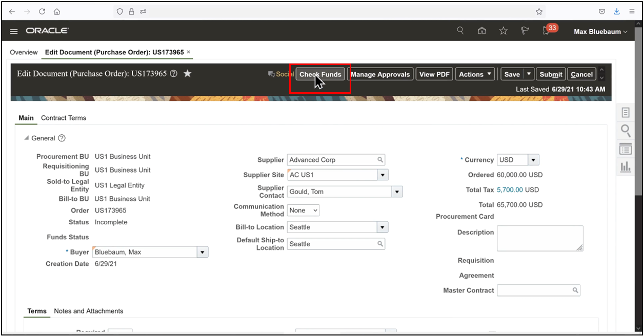 Oracle Fusion purchase order showing Check Funds option selected