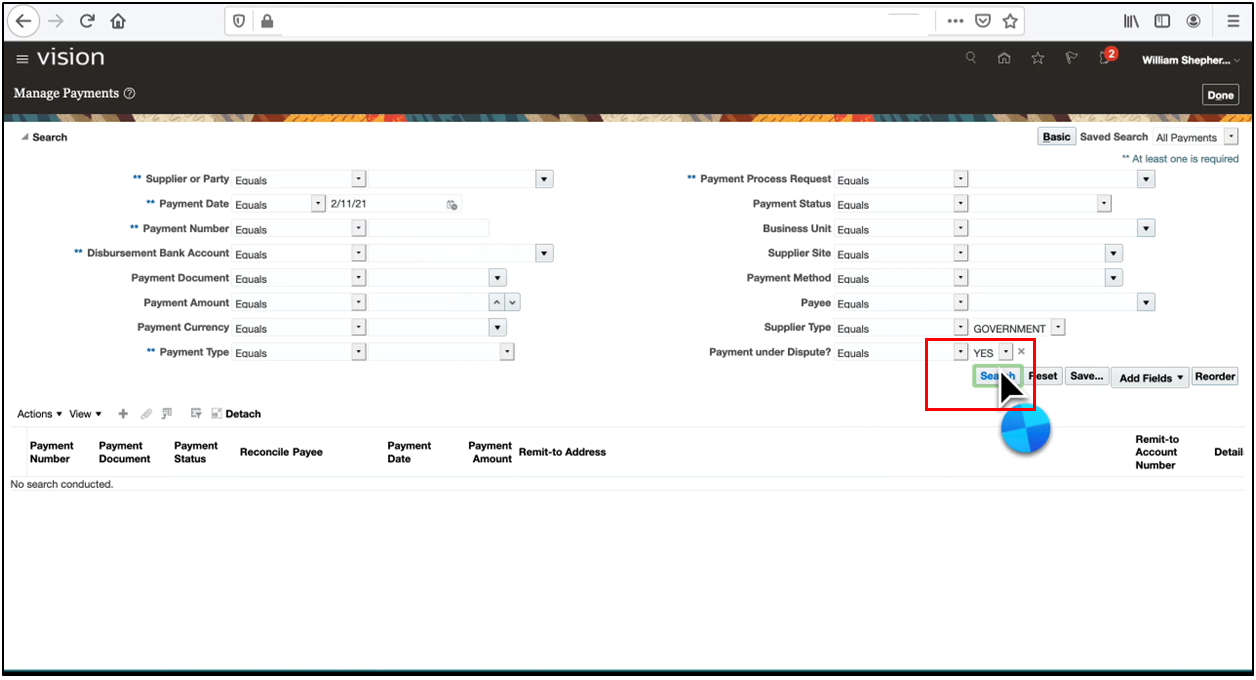 Clicking the Search button to retrieve records in Oracle Fusion