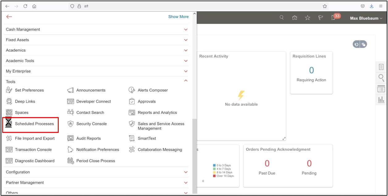 Oracle Fusion Tools menu showing Scheduled Processes option