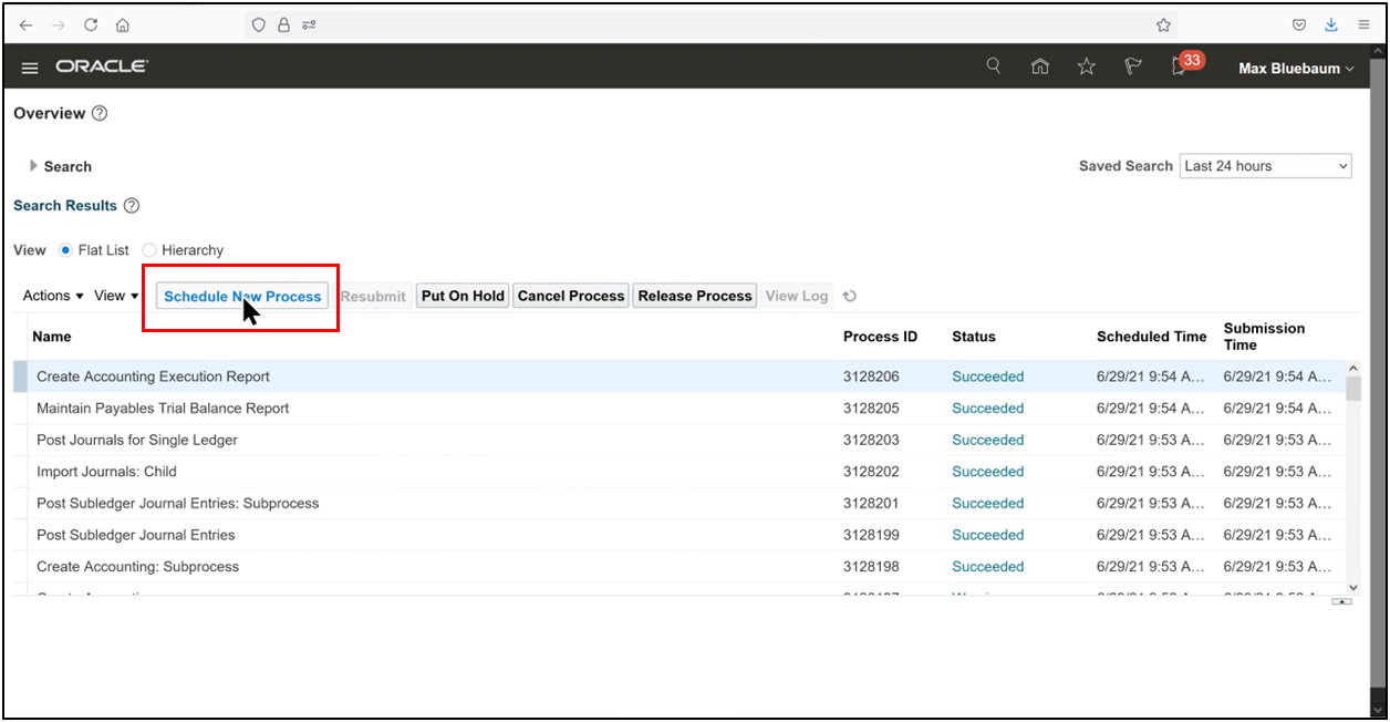 Oracle Fusion Scheduled Processes page showing Create Accounting search