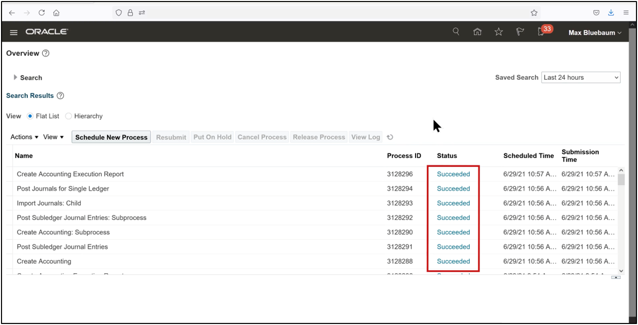 Oracle Fusion Scheduled Processes showing status as Successful