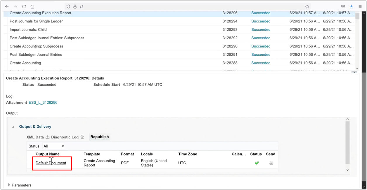 Oracle Fusion Scheduled Processes showing Create Accounting Execution Report