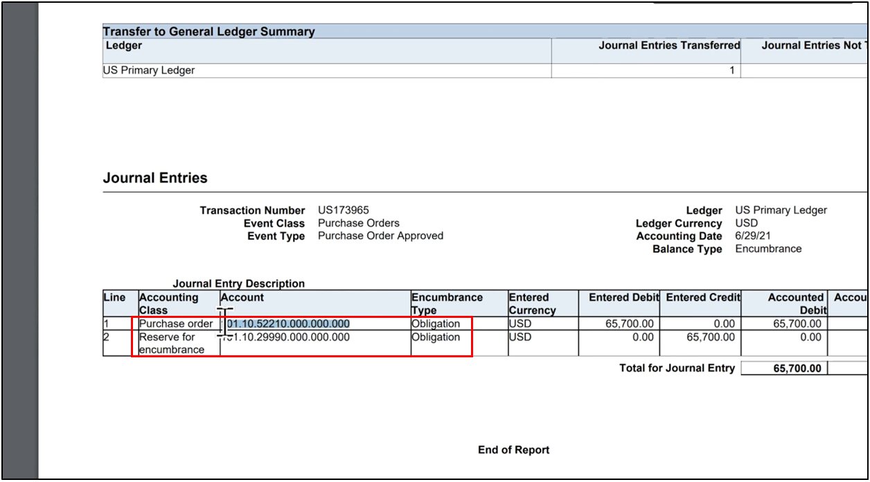 Oracle Fusion purchase order accounting showing charge and encumbrance reserve accounts
