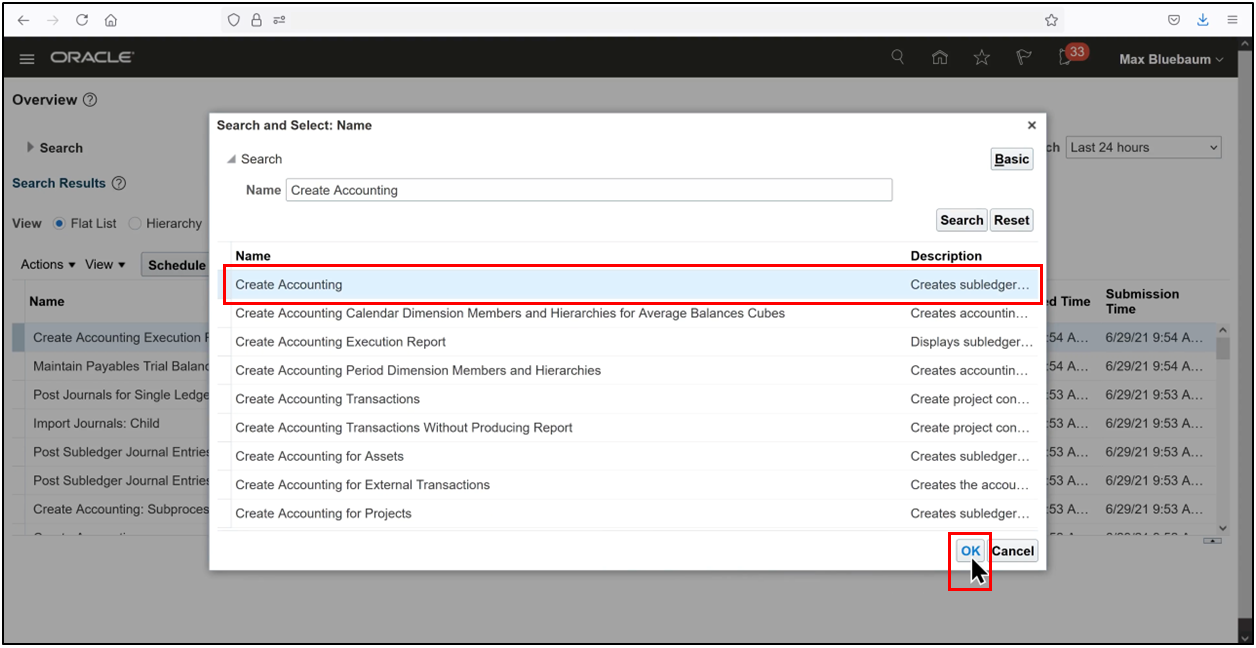 Oracle Fusion Create Accounting process showing parameter entry screen