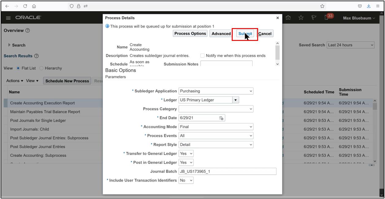 Oracle Fusion Create Accounting parameters showing Purchasing subledger and primary ledger