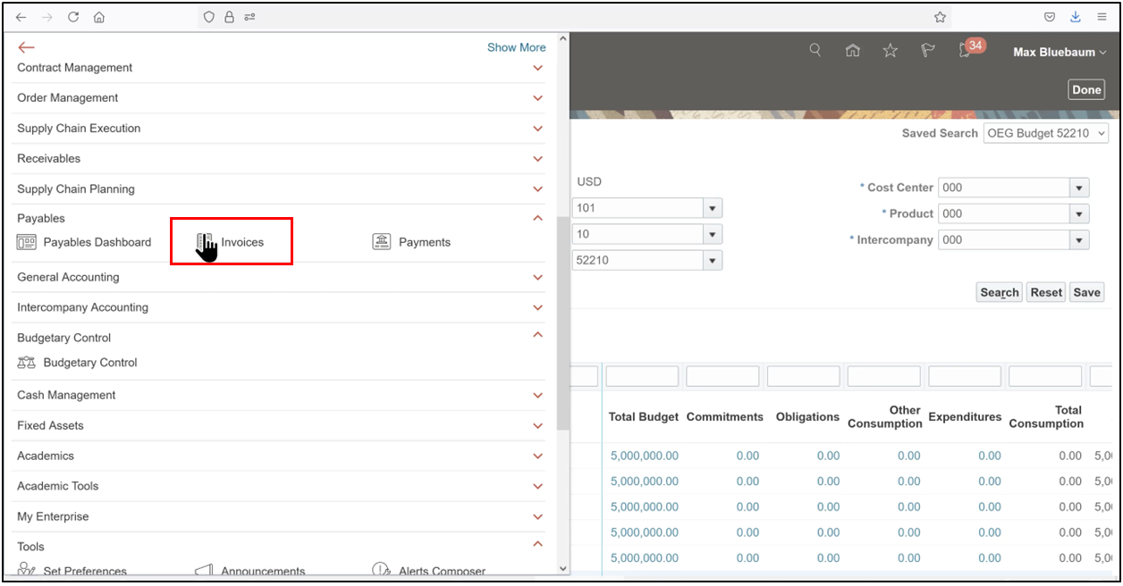 Select Invoices in Oracle Fusion Payables to begin invoice processing for PO matching