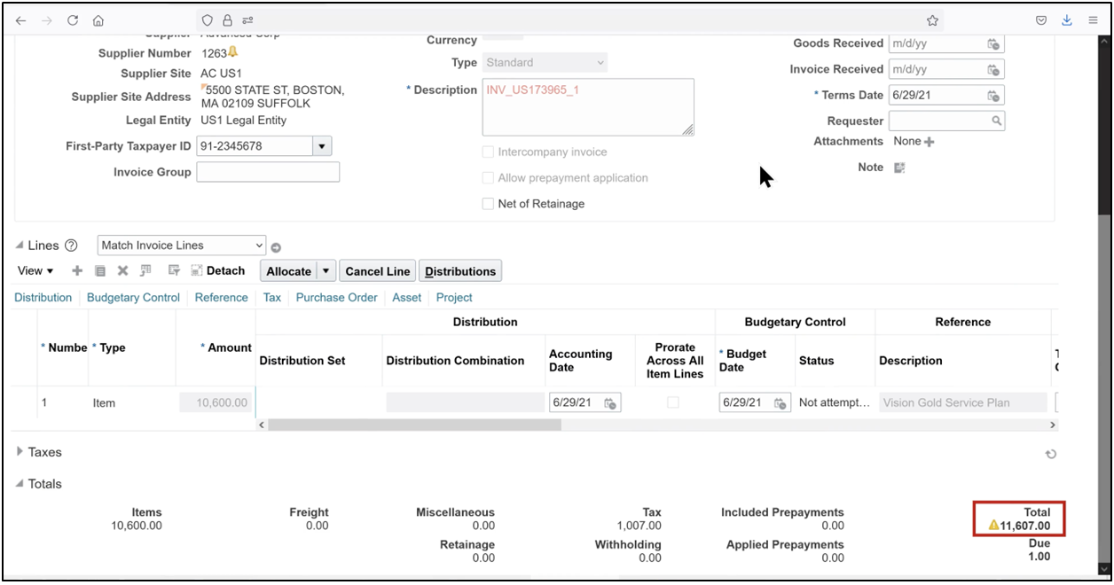 Scroll down to review the updated total invoice amount in Oracle Fusion