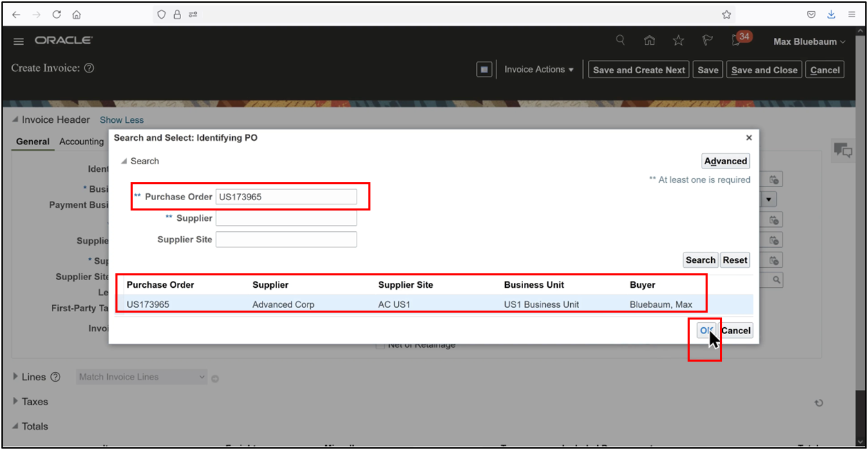 Search for and select a purchase order for PO matching in Oracle Fusion