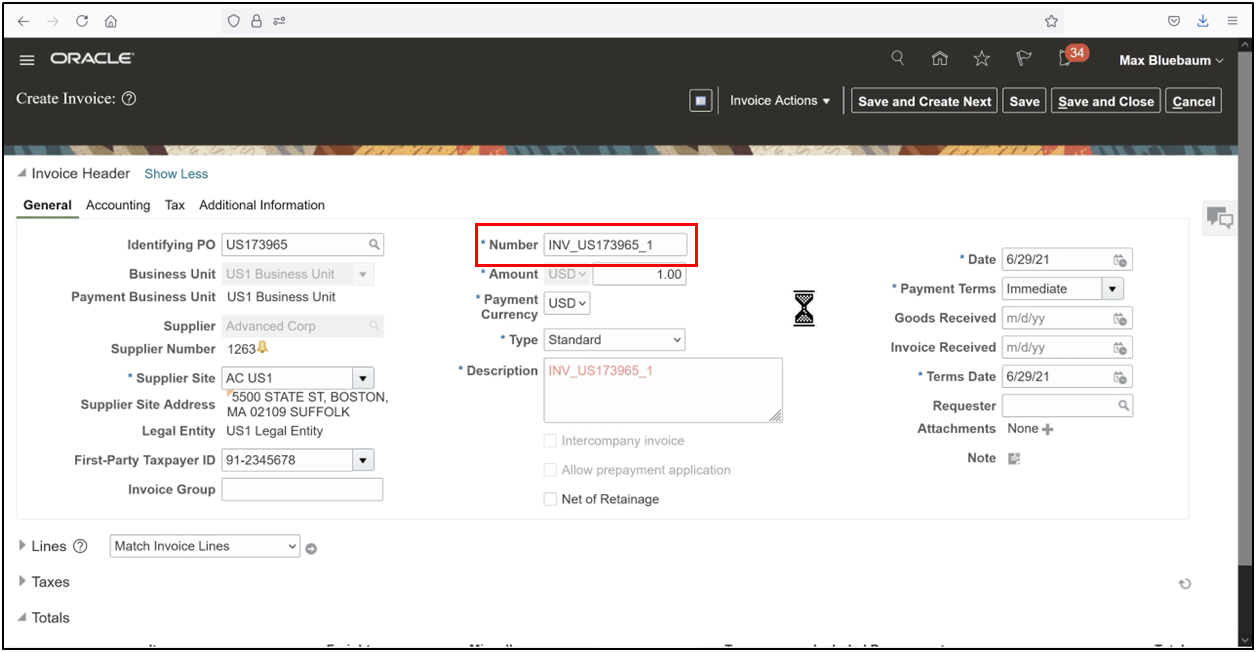 Enter the invoice number and a temporary invoice amount during PO matching