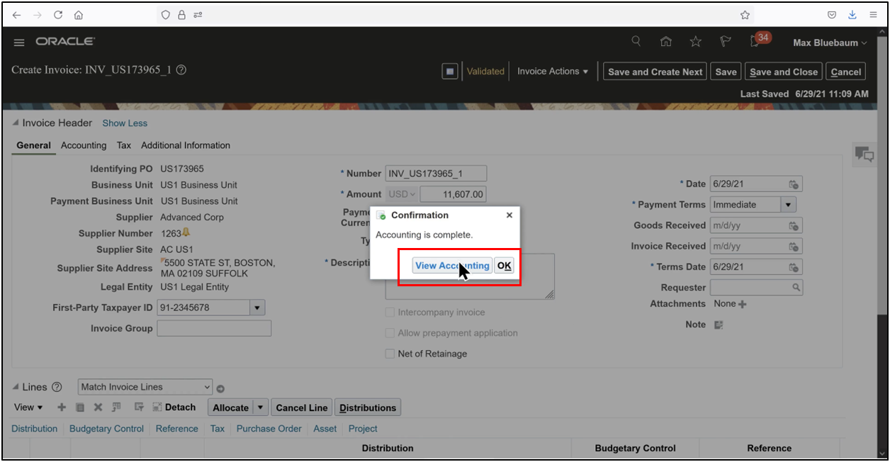 Confirm invoice accounting completion and click View Accounting