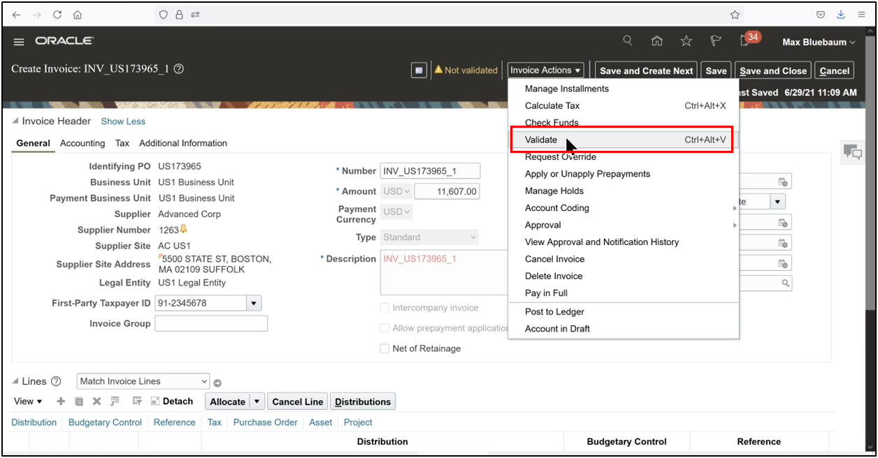 Click Validate from Invoice Actions to validate the invoice in Oracle Fusion