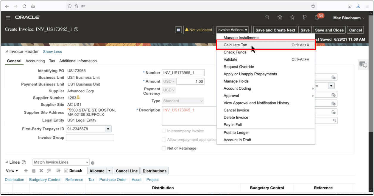 Select Calculate Tax from Invoice Actions in Oracle Fusion