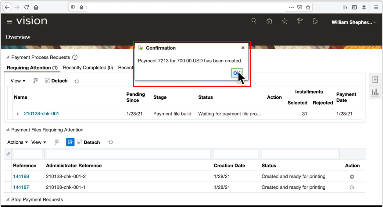Payment number displayed after successful payment generation in Oracle Fusion