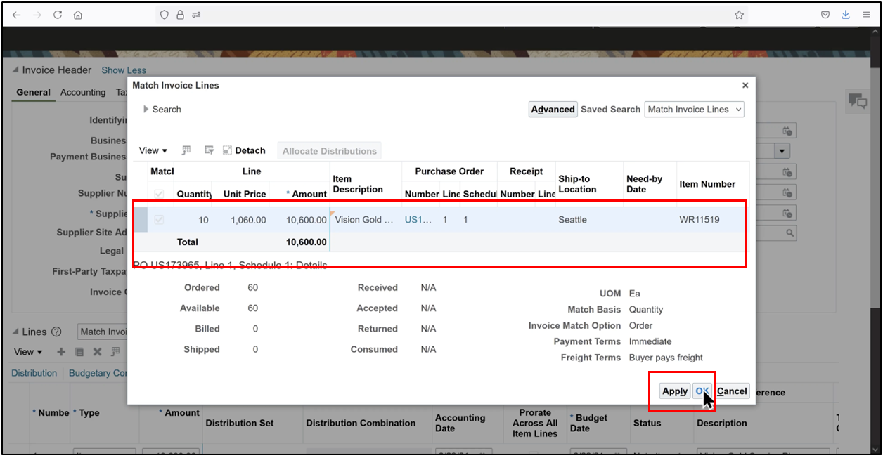 Click Apply and OK to confirm invoice matching with the purchase order