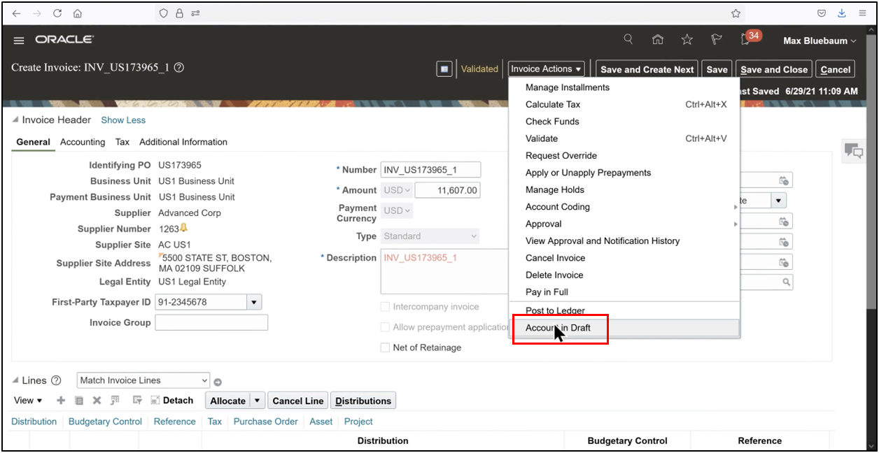 Select Account in Draft from Invoice Actions in Oracle Fusion