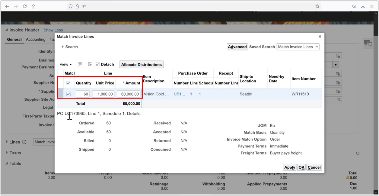 Click Match Invoice Lines to view purchase order lines for PO matching