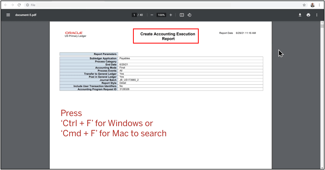 Create Accounting Execution Report output
