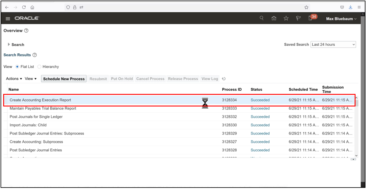 Scheduled Processes showing Create Accounting status as Succeeded