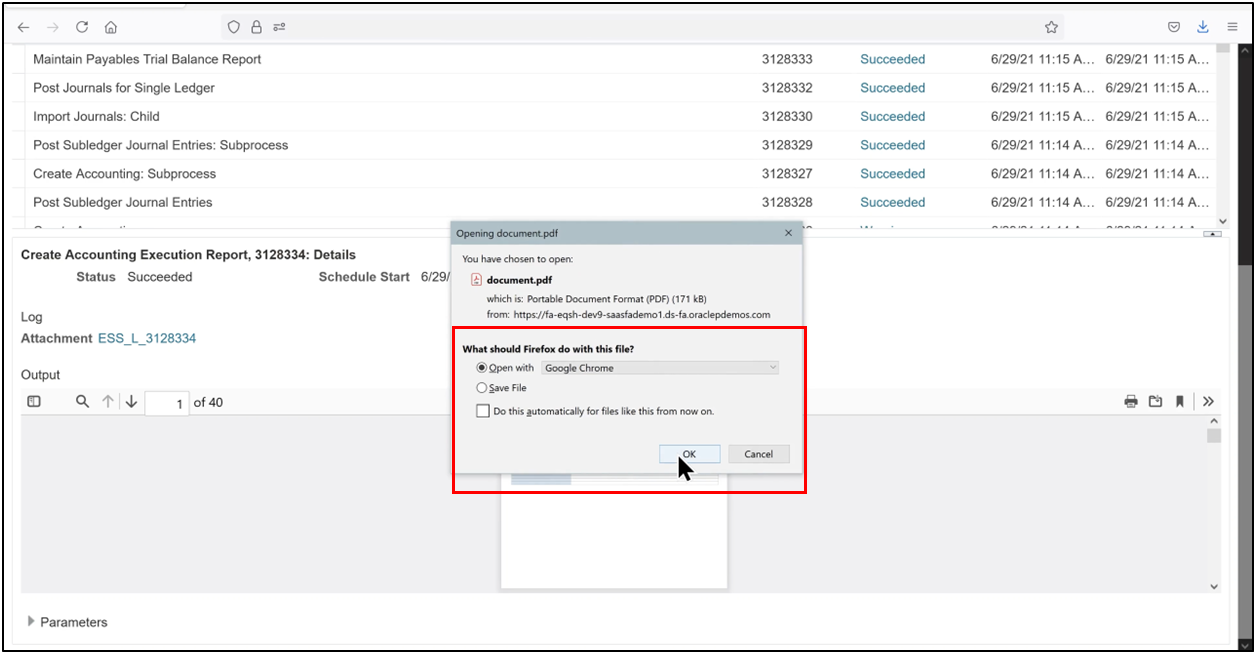 Open the execution report in Google Chrome