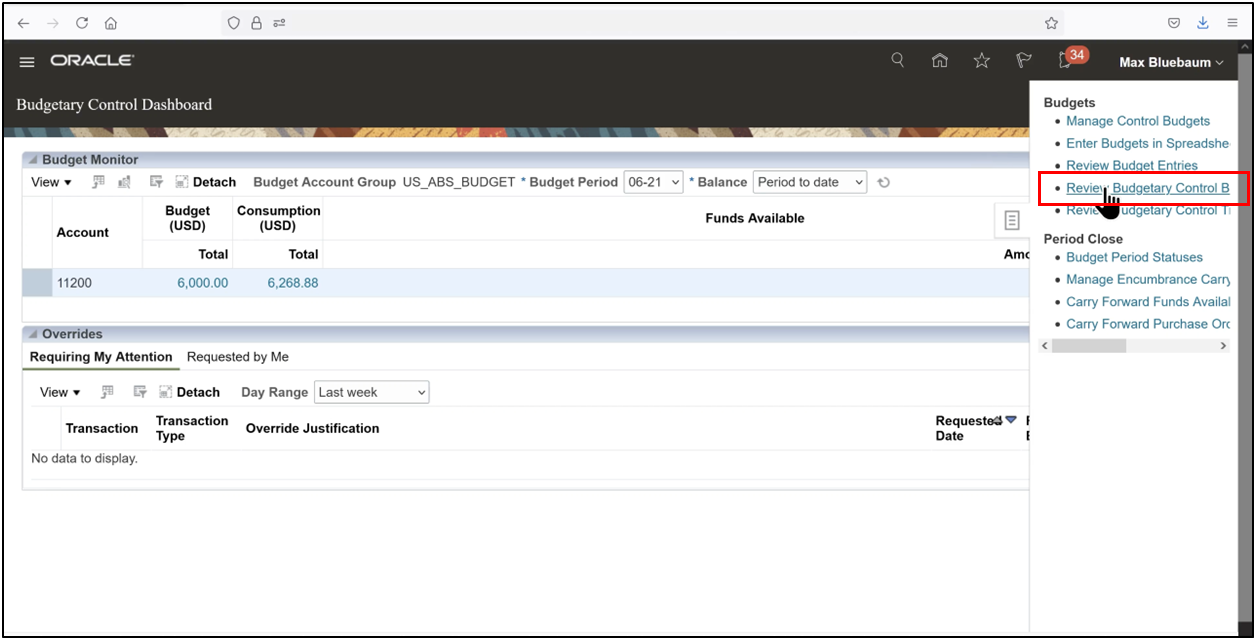 Review Budgetary Control Balances from the Tasks pane