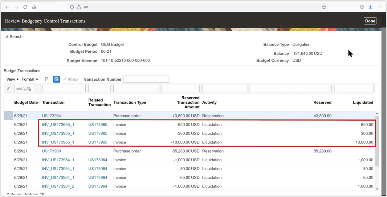 Partial liquidation of the purchase order shown in obligations