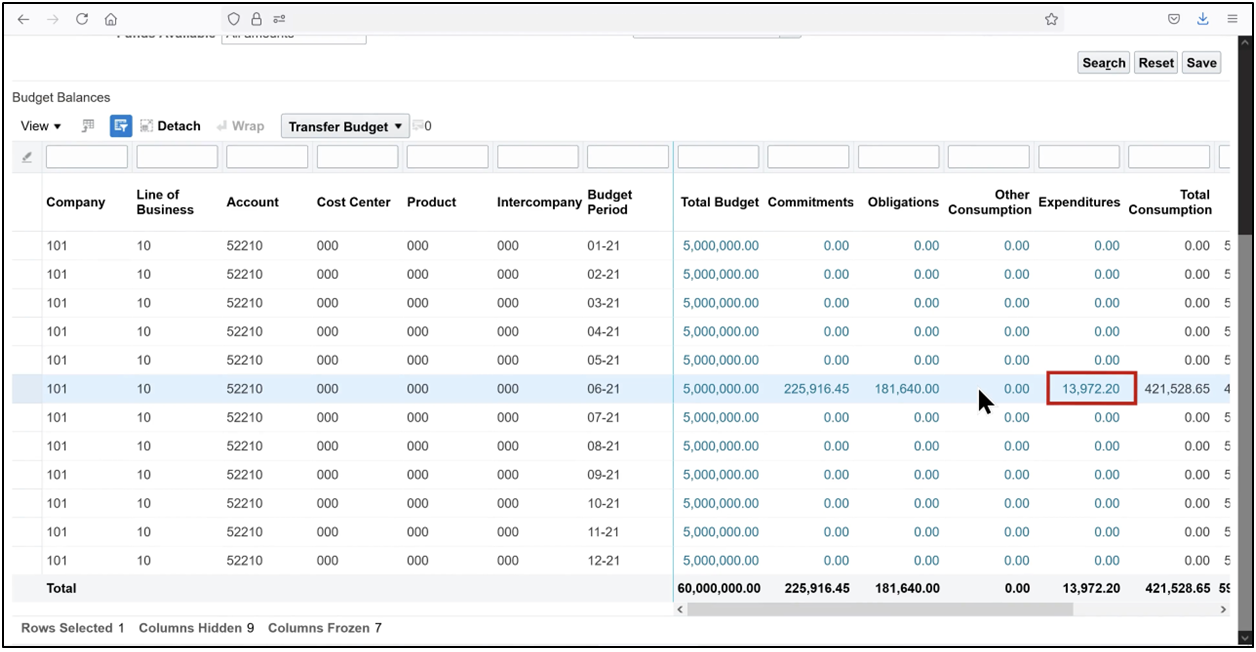 Budgetary control balances showing increased expenditure consumption