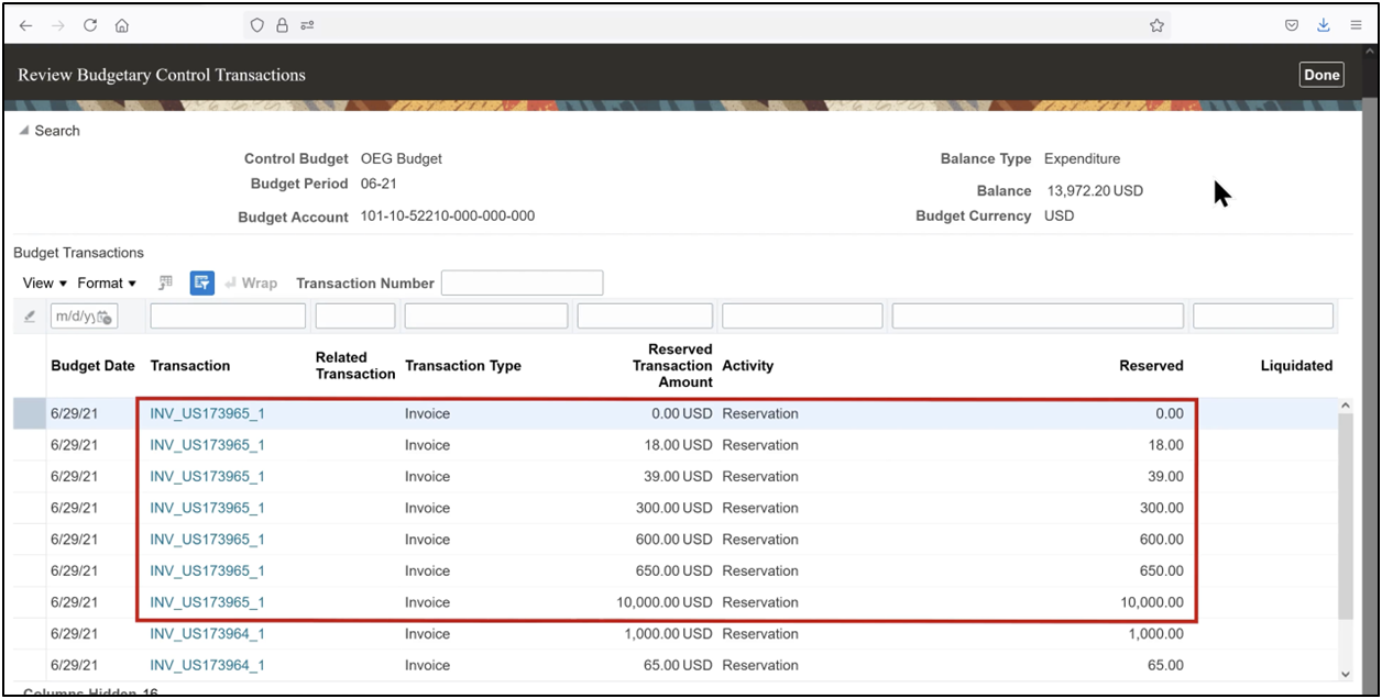 Expenditure reservation lines created by the AP invoice