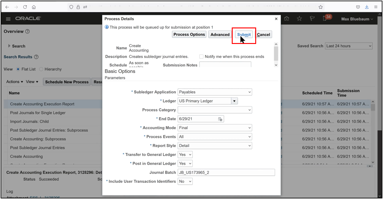 Enter Create Accounting parameters and submit the process